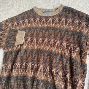 Vintage Towncraft Mens L 90s Crewneck Sweater Geometric Knit Brown
